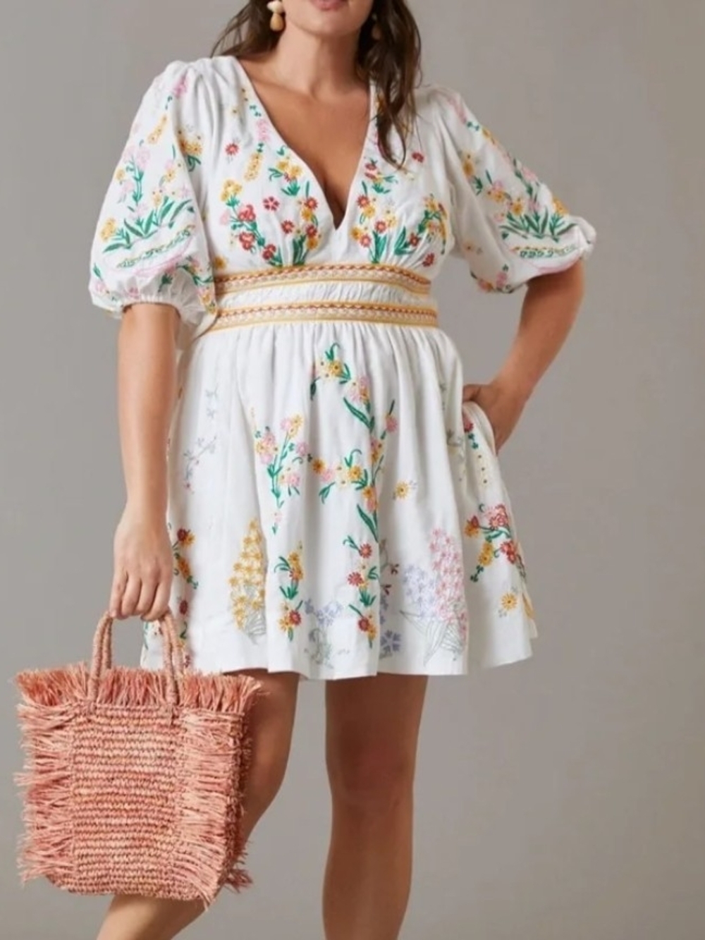 White Floral Embroidered V-Neck Mini Dress